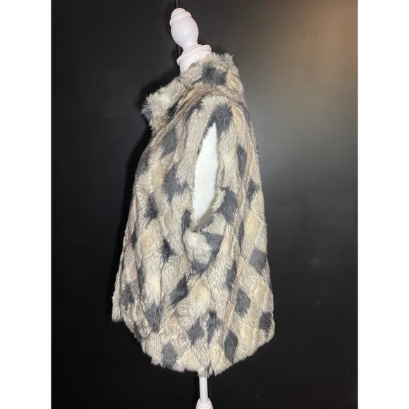 Pamela McCoy Vest Faux Fur Checkered Beige Black Gray Boho Pockets Woman's L - Picture 2 of 13